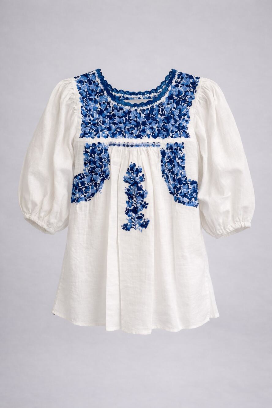 Mexican Oaxaca Peasant Blouse Womens Blue Floral Embroidered Puff Sleeve Boho